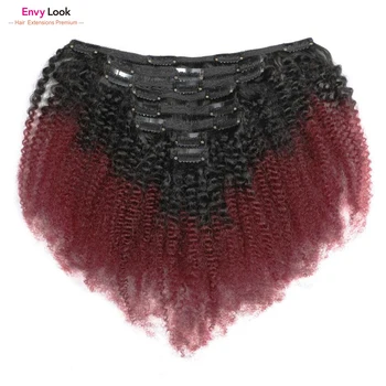 

Envy Look Ombre 1B Burg Afro Kinky Curly Brazilian Human Hair 8pcs Machine Remy Sewn Clip-In Hair Extensions