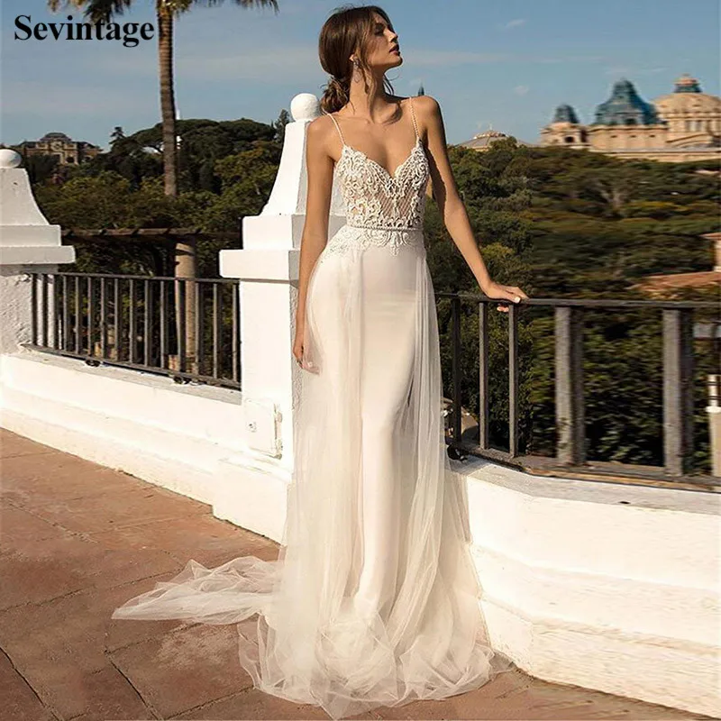 Sevintage Mermaid Spaghetti Straps Lace Bridal Gowns Boho Backless Wedding Dresses Beaded Tulle Satin Custom Made Bride Dress
Sevintage Mermaid Spaghetti Straps Lace Bridal Gowns Boho Backless Wedding Dresses Beaded Tulle Satin Custom Made Bride Dress
