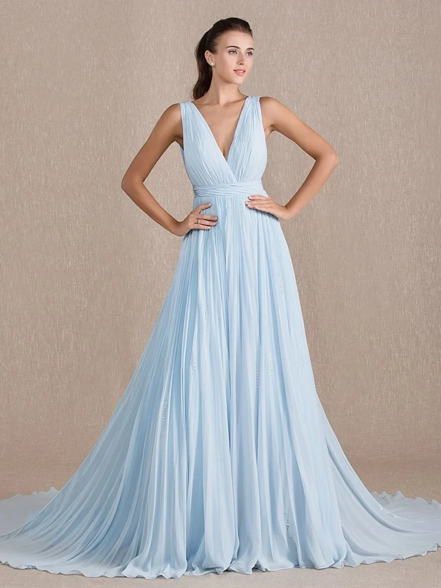 Sky Blue Elegant Formal Evening Black Tie Gala V Neck Sleeveless Court Train Pleats Prom Party Gown Vestidos De Feast
Sky Blue Elegant Formal Evening Black Tie Gala V Neck Sleeveless Court Train Pleats Prom Party Gown Vestidos De Feast