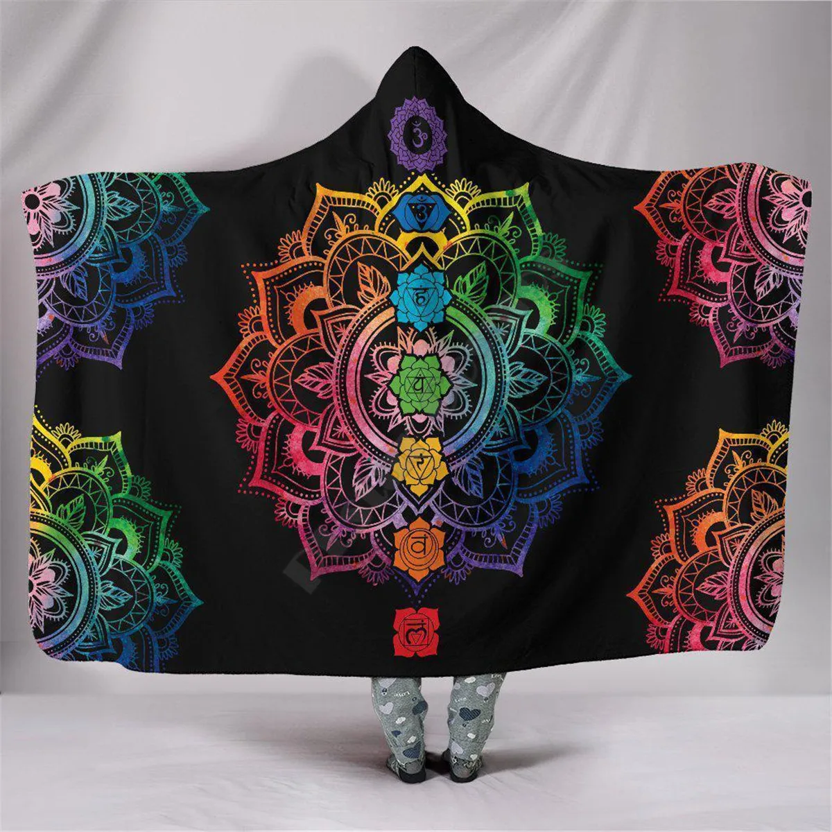

Colourful Chakra Mandala 3d printed Hooded Blanket Adult colorful child Sherpa Fleece Wearable Blanket Microfiber Bedding