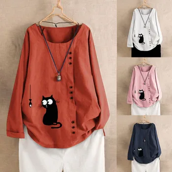 Casual Tops Plus Size Blusas Femininas Blouse Women Long Sleeve Cotton Linen Kaftan Baggy Cat Print Womens Tops And Blouses 
Casual Tops Plus Size Blusas Femininas Blouse Women Long Sleeve Cotton Linen Kaftan Baggy Cat Print Womens Tops And Blouses