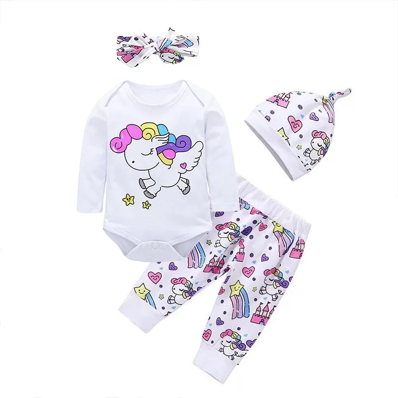 

Baby Girls Clothes Newborn Infant Cute Unicorn Pegasus Star Heart Castle Tops+Pants+Hat+Headband 4PCS Toddler Girl Clothing Set