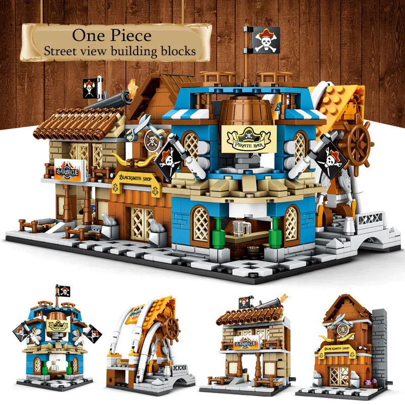 NEW 4pcs/sets One Piece Pirate Shop Store Street View Building Blocks Kit Bricks Classic Movie Model Kids Toys For Children Gift
NEW 4pcs/sets One Piece Pirate Shop Store Street View Building Blocks Kit Bricks Classic Movie Model Kids Toys For Children Gift