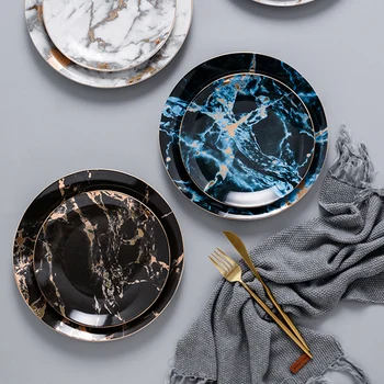 Northern European style light luxury marble pattern gold ceramic large plate tableware domestic salad dish Western steak plate 
Northern European style light luxury marble pattern gold ceramic large plate tableware domestic salad dish Western steak plate
