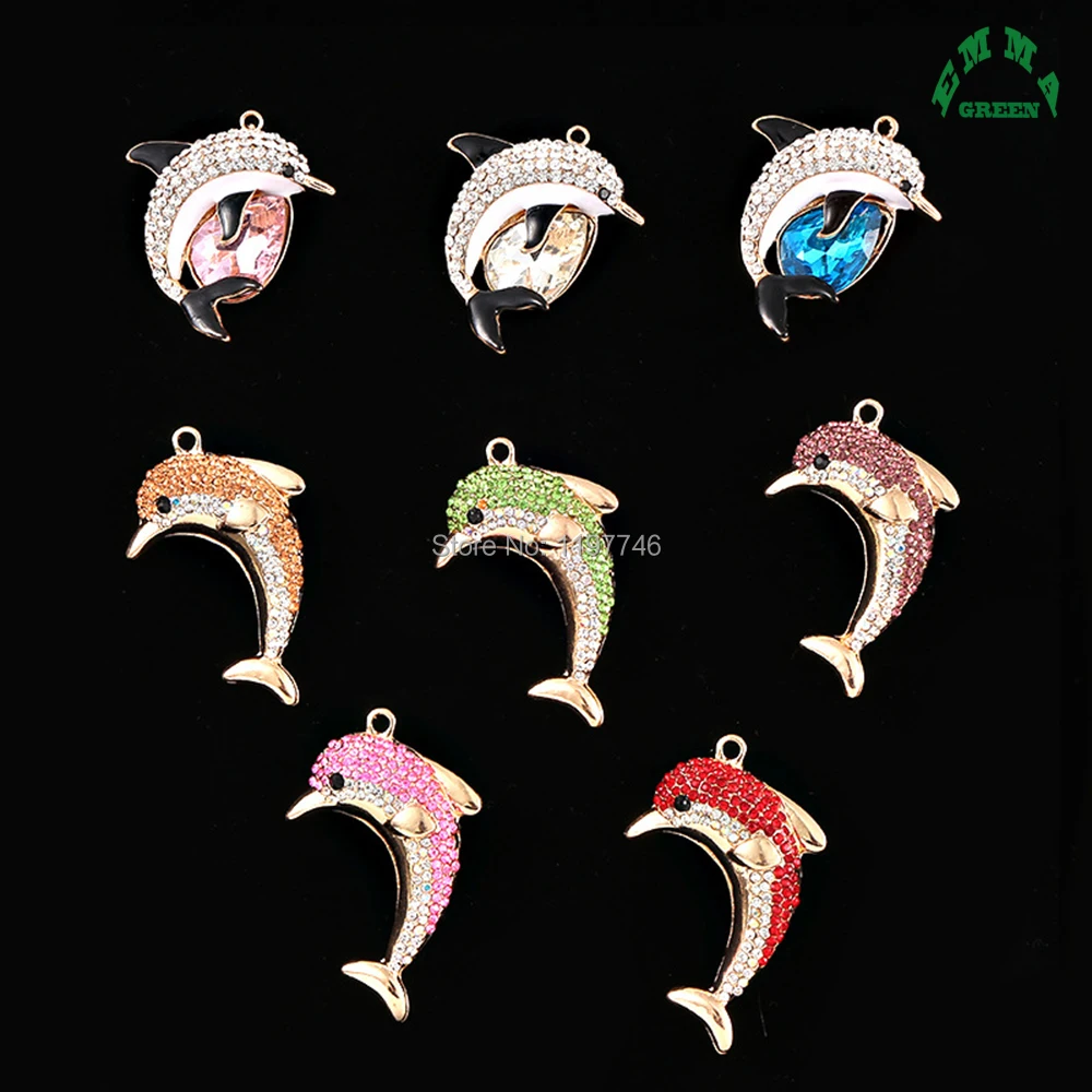 

big Dolphin Rhinestone Pendant 3D Dolphin Charm Pendants big 64mm Colorful Embellishments Vintage Classical Jewelry Findings