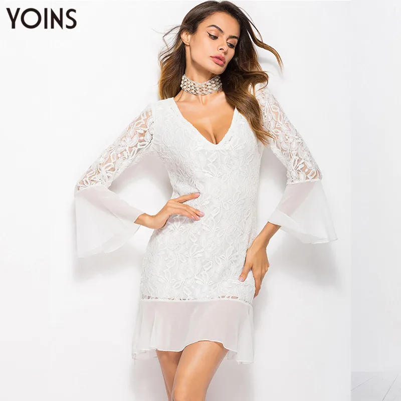 

2019 YOINS Women Dress Autumn Summer Club Party Mini Bodycon Lace Dresses White Double Layer V Neck Bell Long Sleeve Vestidos