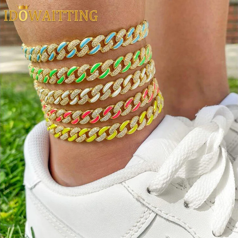 

Enamel Colorful Cuban Chain Anklet For Women Summer Beach Gold Color Iced Out Bling CZ Paved 21+5cm Foot Anklet Jewelry