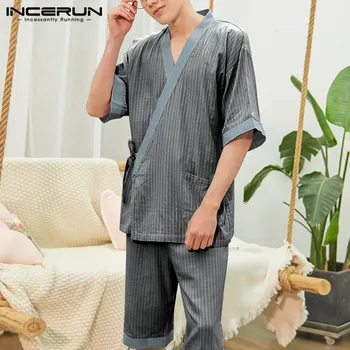 INCERUN Summer Men Striped Pajamas Sets Half Sleeve V Neck Vintage Sleepwear Kimono Shorts Homewear Leisure Mens Pyjamas Suit
INCERUN Summer Men Striped Pajamas Sets Half Sleeve V Neck Vintage Sleepwear Kimono Shorts Homewear Leisure Mens Pyjamas Suit