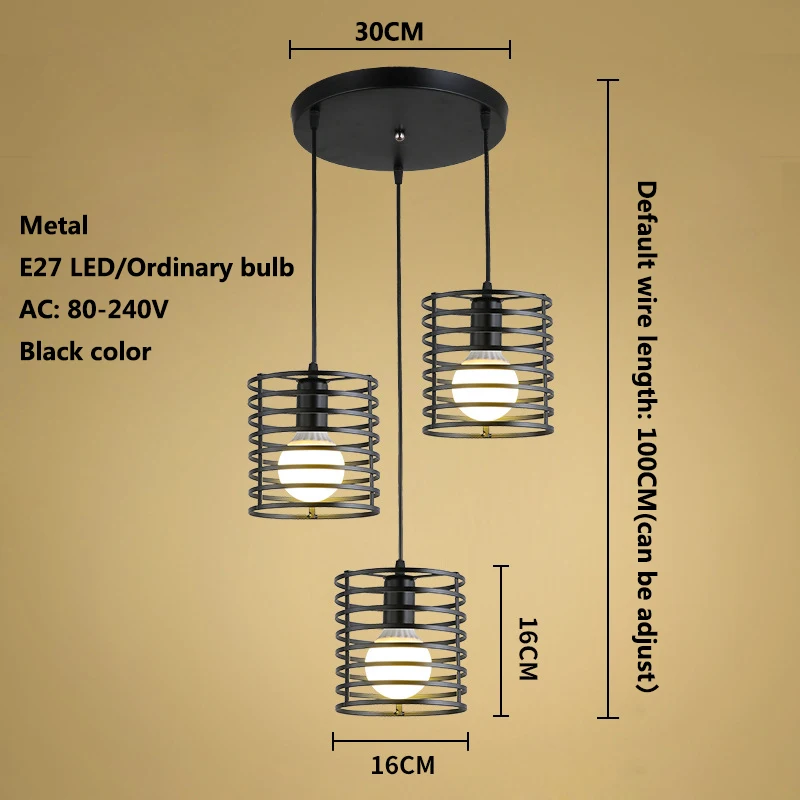 Винтажный комбинированный черный подвесной светильник из кованого железа E27 220 в