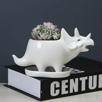 

White Ceramic Triceratops Planter with Tray Creative Dinosaur Flower Pot for Succulents Plants Home Garden Desktop Decoration