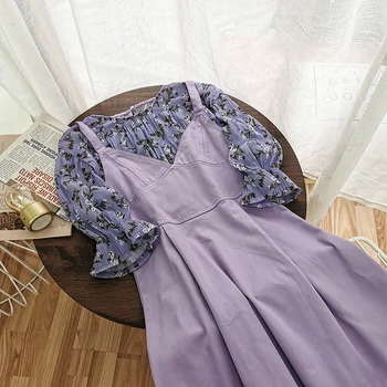 purple floral two pieces women dresses sets puff sleeved blouse and denim pleated dresses lady elegant dresses sets top quality 
purple floral two pieces women dresses sets puff sleeved blouse and denim pleated dresses lady elegant dresses sets top quality