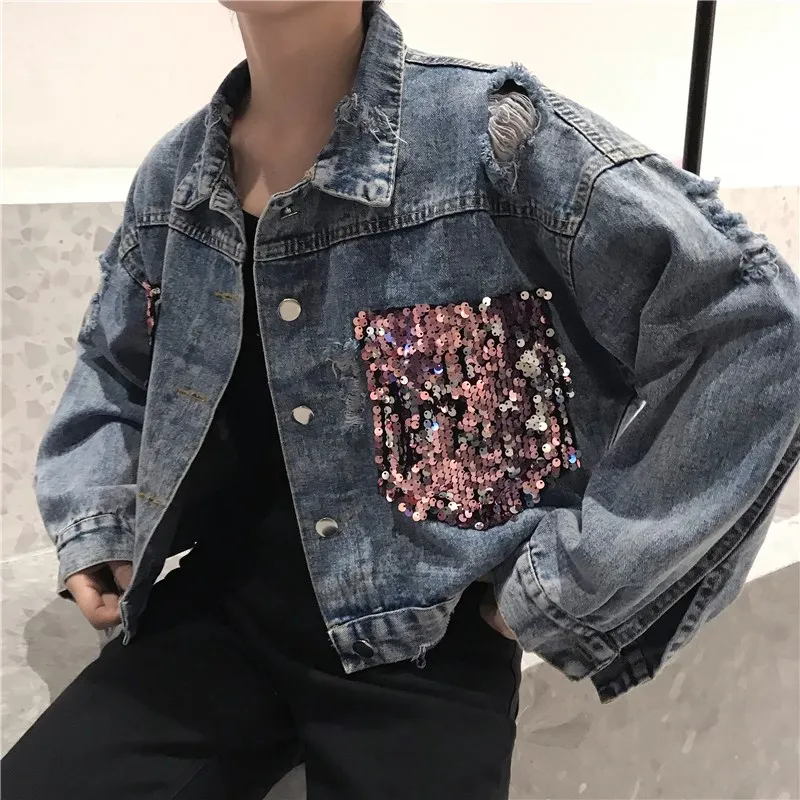 Casual Blue Long Sleeve Hole Denim Jacket Korean Single-Breasted Sequined Coat Patchwork Lapel Ripped Crop Jacket 
Casual Blue Long Sleeve Hole Denim Jacket Korean Single-Breasted Sequined Coat Patchwork Lapel Ripped Crop Jacket