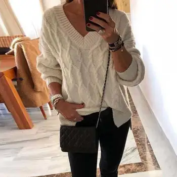 2019 Autumn Winter V Neck Sweater Women Thicken Warm Sweater Ladies Loose Sweater Long Sleeve Knitted Sweater Female 
2019 Autumn Winter V Neck Sweater Women Thicken Warm Sweater Ladies Loose Sweater Long Sleeve Knitted Sweater Female
