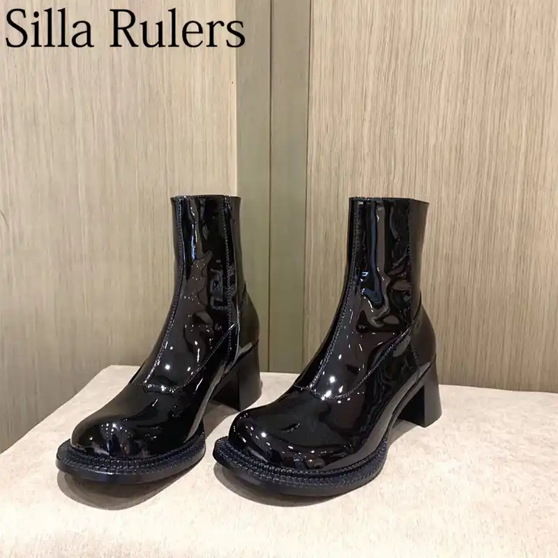 patent leather chunky heel boots