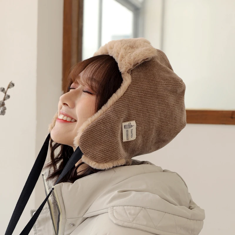 Фото 2020 kpop Japan retro lambsworol winter women's hat thunderwind tab flying cap ski white warm | Аксессуары для одежды
