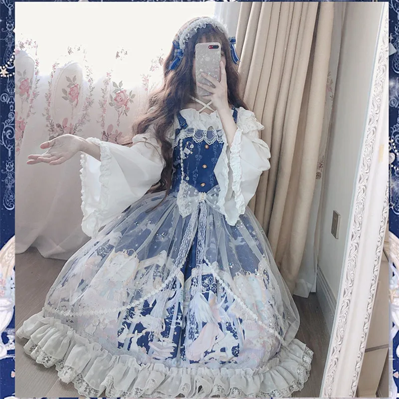 

Palace princess daily sweet lolita dress vintage lace bowknot cute printing victorian dress kawaii girl gothic lolita jsk cos