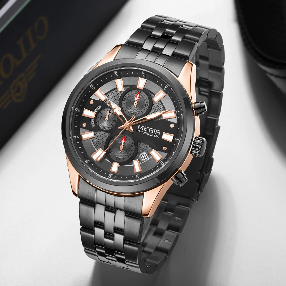 

Watch Men Top Luxury Brand MEGIR Rose Gold Sport Waterproof Quartz Watches Mens Chronograph Date Male Clock Relogios Masculino