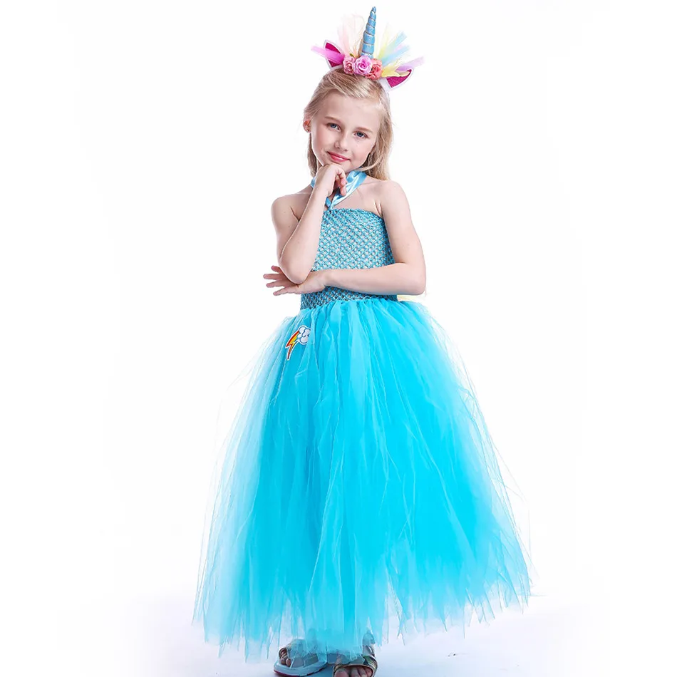 Blue Girls Tutu Dress With Flower Unicorn Headband Baby Fluffy Tulle Robe Kids Girl Performance Halloween Costume Vestidos Clothes (6)