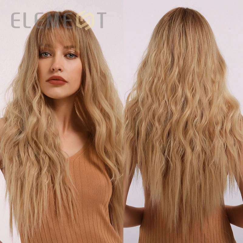 Element Heat Resistant Fiber Synthetic Long Water Wave Ombre Brown to Golden Blonde Wigs with Bangs for White/Black Women | Шиньоны и