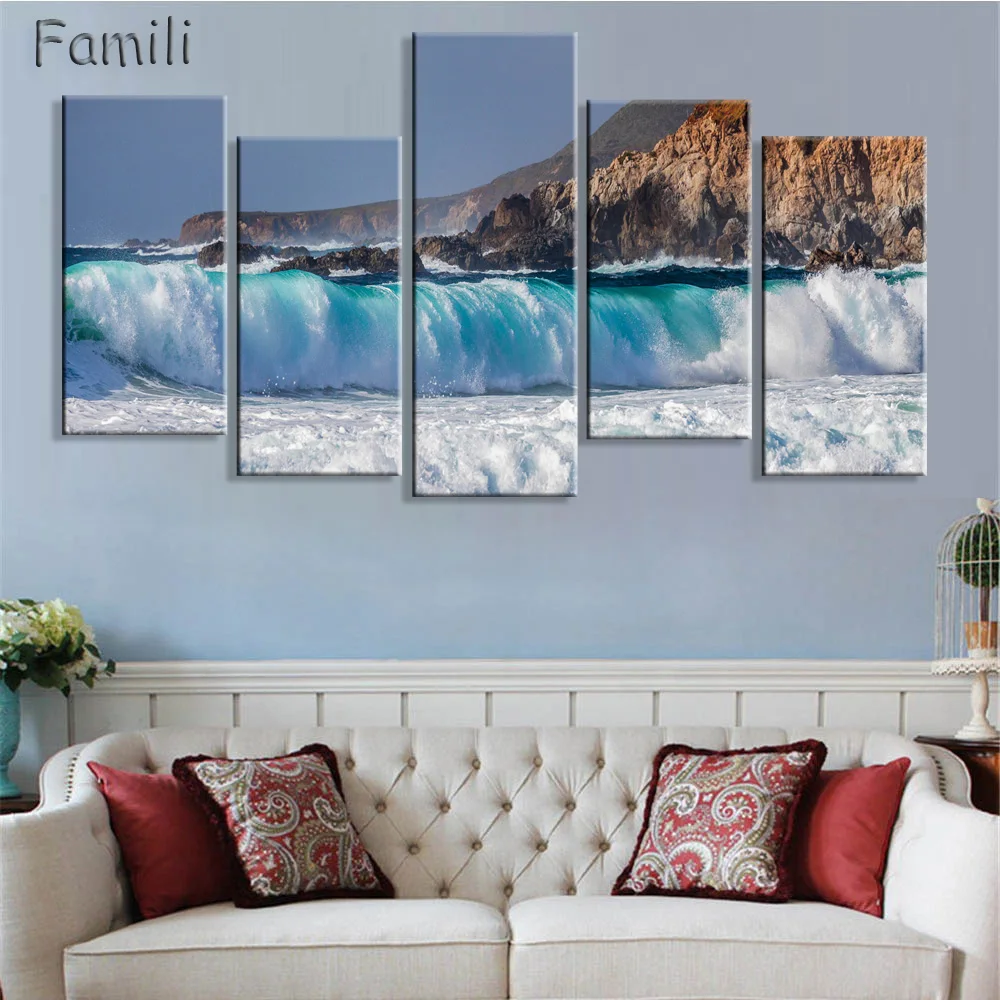 

5Pieces Art Modern sea green blue beach Wave picture decoration canvas painting wall picture for living room home decor unframed