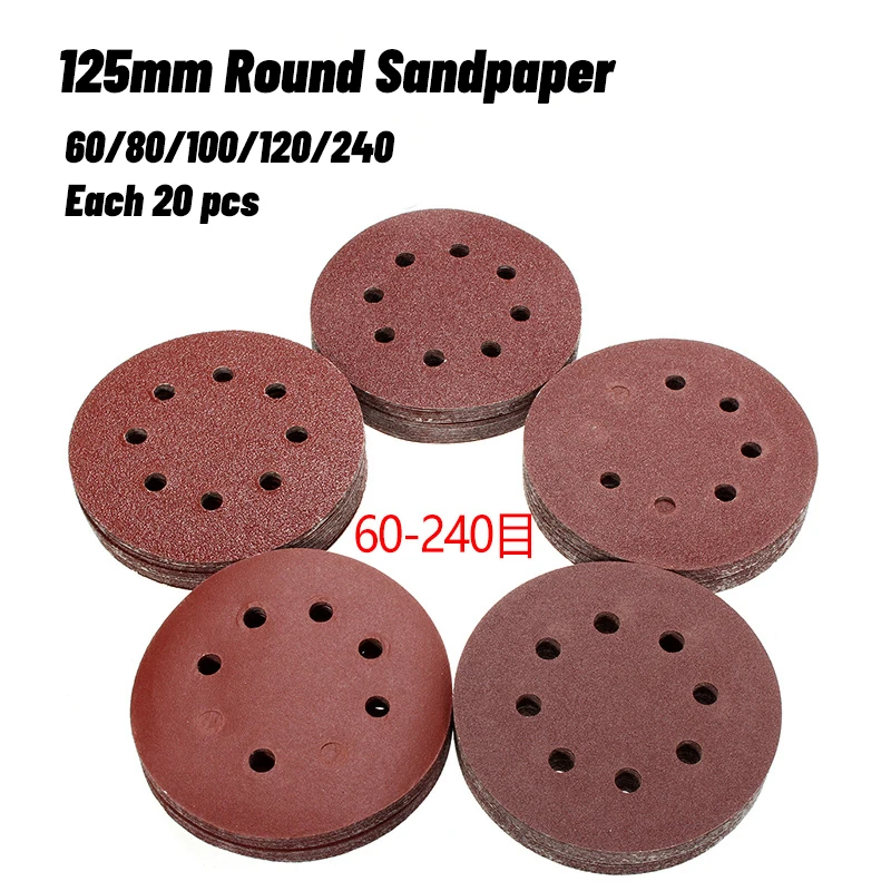 

100pcs 125mm 60 80 100 120 240 Grit Round Shape Sanding Discs Buffing Sheet Sandpaper 8 Hole Sander Polishing Pad Each of 20