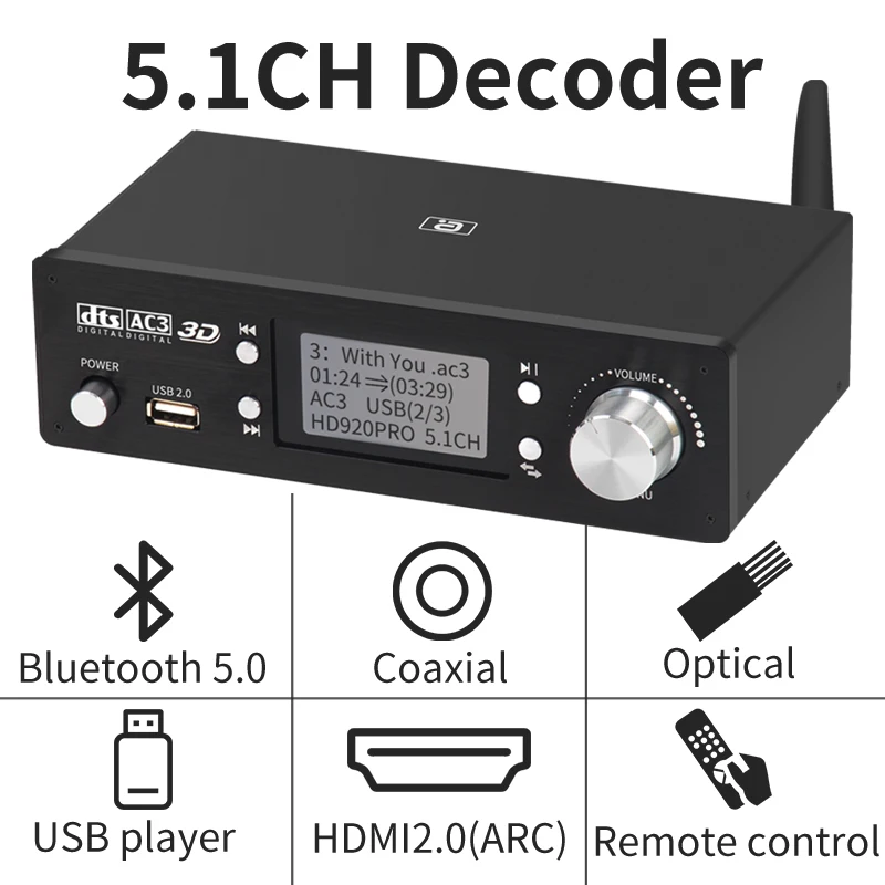 5.1CH HD аудио декодер Bluetooth 5,0 приемник Dolby атмосферs DTS AC3 HDMI2.0 4K 3D конвертер SPDIF ARC PCUSB DAC HD920PRO
5.1CH HD аудио декодер Bluetooth 5,0 приемник Dolby атмосферs DTS AC3 HDMI2.0 4K 3D конвертер SPDIF ARC PCUSB DAC HD920PRO