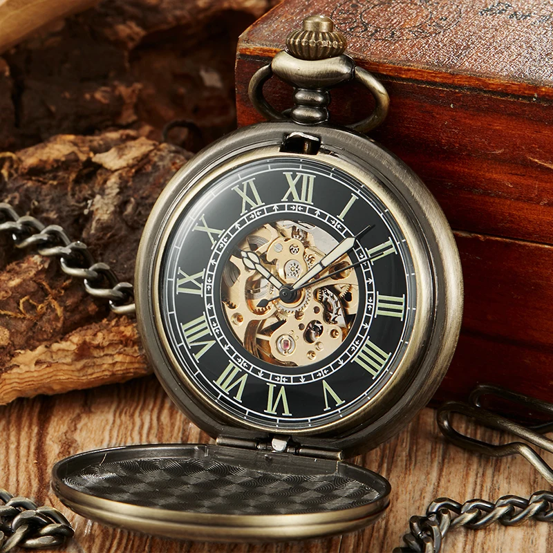 Luxury Gold Dial Black Mechanical Pocket Watch Skeleton Pendant Fob Chain Reloj for Men Antique Bronze Steampunk Montre de poche
Luxury Gold Dial Black Mechanical Pocket Watch Skeleton Pendant Fob Chain Reloj for Men Antique Bronze Steampunk Montre de poche