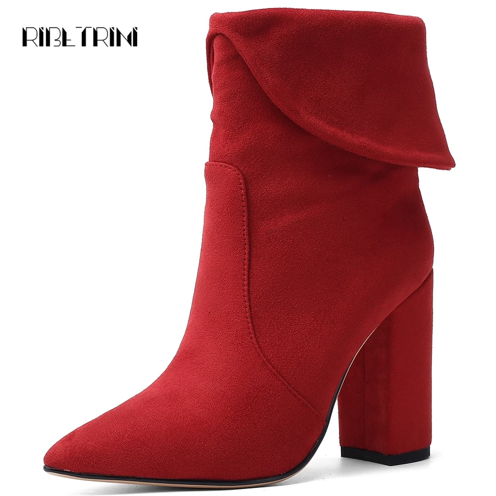 RIBETRINI Sexy Pointed Toe Square High Heels Rubber Sole Collar Turn Overed Slip On Faux Suede Mid Calf Boots Autumn Shoes
RIBETRINI Sexy Pointed Toe Square High Heels Rubber Sole Collar Turn Overed Slip On Faux Suede Mid Calf Boots Autumn Shoes