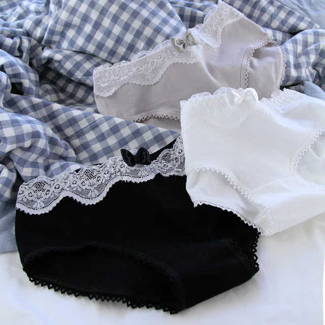 Sous-vêtements rétro en dentelle pour femmes, sous-vêtements en coton, joli entrejambe en coton, lingerie pour filles, gris et noir 1