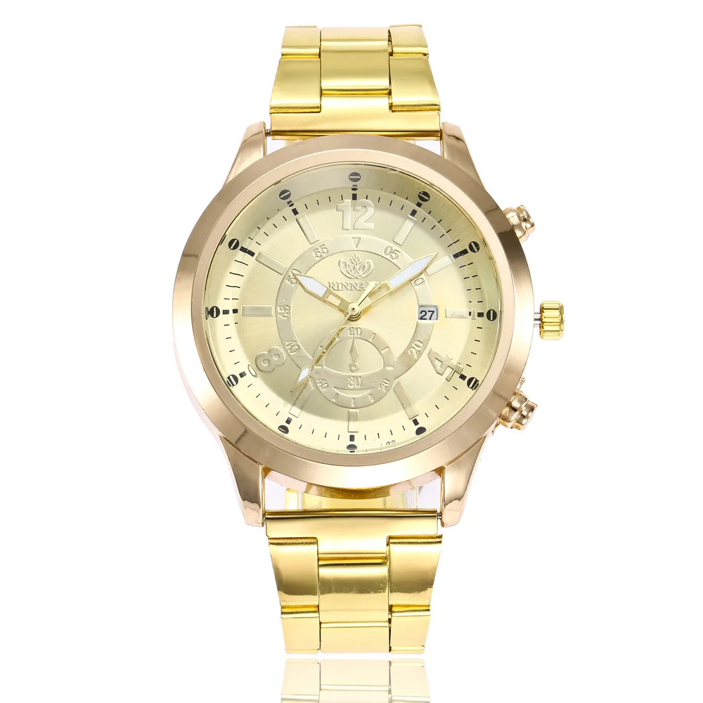 2019 New Style Stainless Steel Gold Large Dial Sports MEN'S Watch Waterproof Calendar Quartz Men Steel Belt Watch