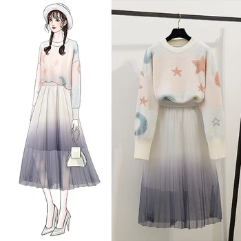 Korean College Style Knitted Sweaters 2 Piece Set Womens Jacquard Pullover Tops + Gradient Mesh Pleated Skirt Two Piece Set Suit 
Korean College Style Knitted Sweaters 2 Piece Set Womens Jacquard Pullover Tops + Gradient Mesh Pleated Skirt Two Piece Set Suit