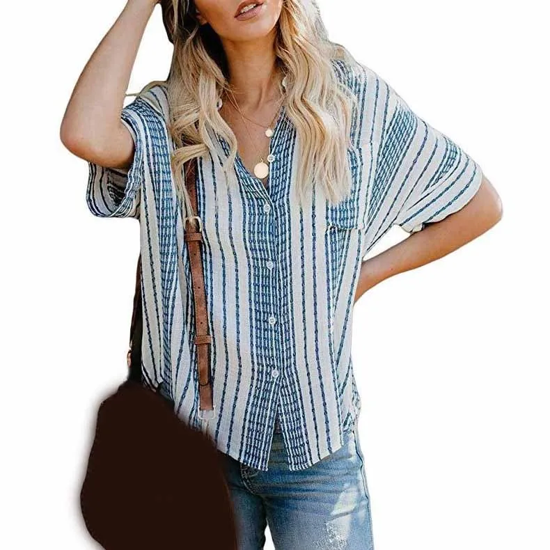 Casual Women Office Lady Shirt Loose Short Sleeve Stripe Blouses Pockets 2019 Summer Batwing Sleeve Pocket Tops
Casual Women Office Lady Shirt Loose Short Sleeve Stripe Blouses Pockets 2019 Summer Batwing Sleeve Pocket Tops