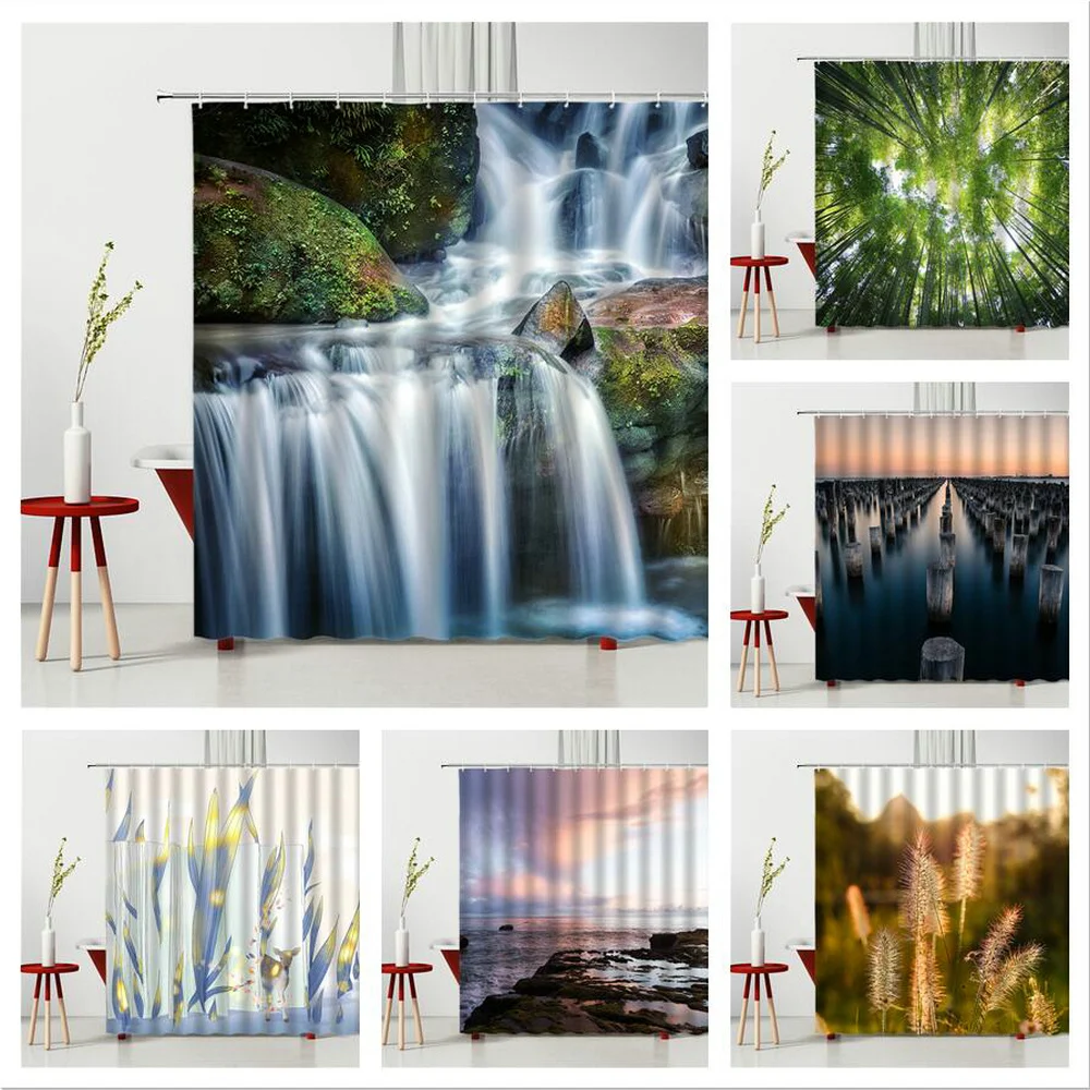 

3D Waterfall Shower Curtain Natural Scenery Tree Bridge Wooden Pile Leaves Plant Island Boat Bathroom Decoration