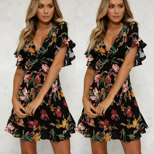 Fashion Women Boho Floral Summer Beach Long Party Dress Ruffles V-Neck Mini Dress
Fashion Women Boho Floral Summer Beach Long Party Dress Ruffles V-Neck Mini Dress