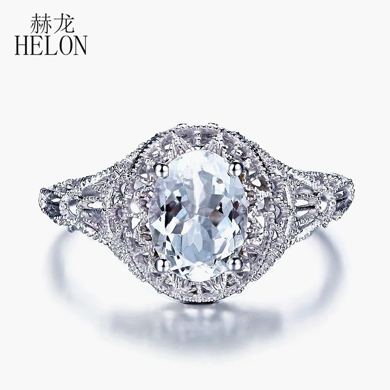 

HELON однотонное 10K белое золото овальное 8x6 мм подлинное легкое синее аквамариновое Обручальное Кольцо женское винтажное ювелирное изделие кольцо с драгоценным камнем