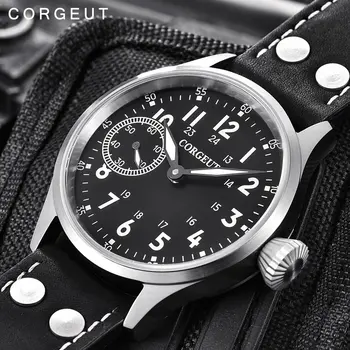 Corgeut 44mm Fashion Mechanical Men Watch 17 Jewels Hand Winding 6497 Seagull ST3600 Luminous Leather Strap Wristwatch Men