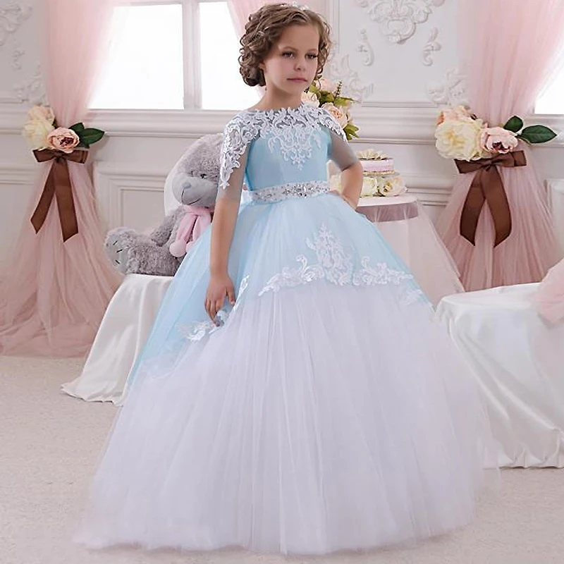 Hot Robe Communion Fille Blue Ball Gown Crew Neck Ankle Length Bow Sash Short Sleeves Patchwork Long First Communion Dresses
Hot Robe Communion Fille Blue Ball Gown Crew Neck Ankle Length Bow Sash Short Sleeves Patchwork Long First Communion Dresses