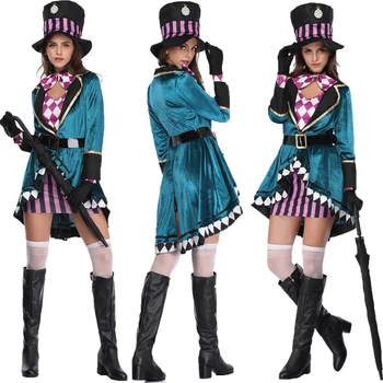

Adult Alice in Wonderland women Cosplay Costume mad hatter Outfit Fancy Dress plus size Halloween party Carnival Witch Costumes