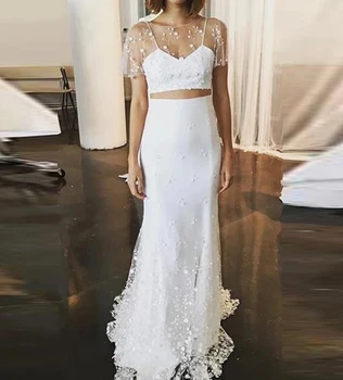 Graceful Two Pieces Sheath Wedding Dresses Tulle Illusion Short Sleeve For Bride Back Button Bridal Wedding Gowns Custom Made
Graceful Two Pieces Sheath Wedding Dresses Tulle Illusion Short Sleeve For Bride Back Button Bridal Wedding Gowns Custom Made