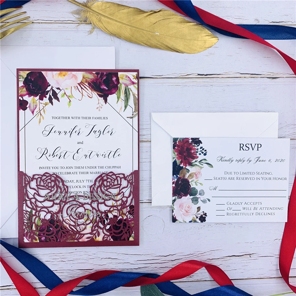 

DIY Invitation Kit, Special Burgundy Laser Cut Invites for Wedding, Quince And Sweet Sixteen