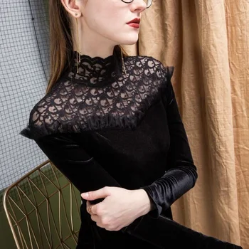 New western style small high collar gold velvet splicing lace bottoming shirt retro court with solid color blouse girl
New western style small high collar gold velvet splicing lace bottoming shirt retro court with solid color blouse girl