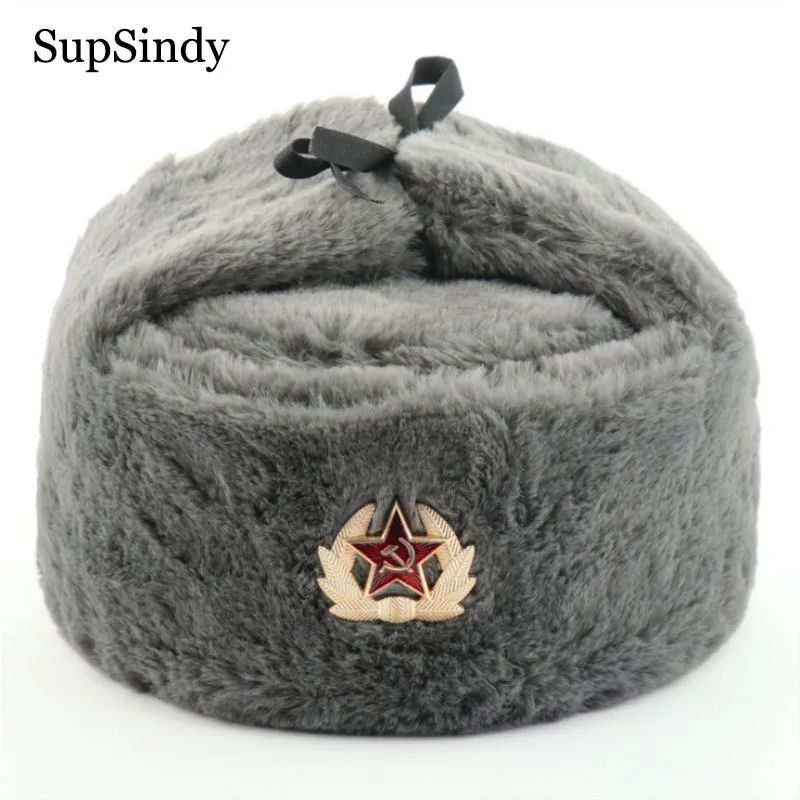 

SupSindy Soviet Badge Ushanka Men&Women Bomber Hats CCCP Army Pilot Trapper Trooper Hat Winter Faux Rabbit Fur Earflap Snow Caps