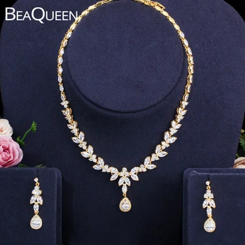 

BeaQueen Sparking Water Drop Cubic Zircon Leaf Cluster Nigerian Necklace Earrings Dress Jewelry Sets Wedding Accessories JS216