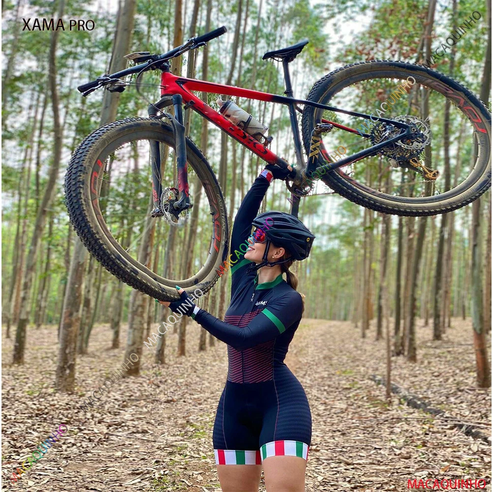 

XAMA PRO Long Sleeved Cycling Triathlon Clothes Skinsuit Sets Women's 20D Pad Macaquinho Ciclismo Feminino Bicycle Jumpsuit Kits