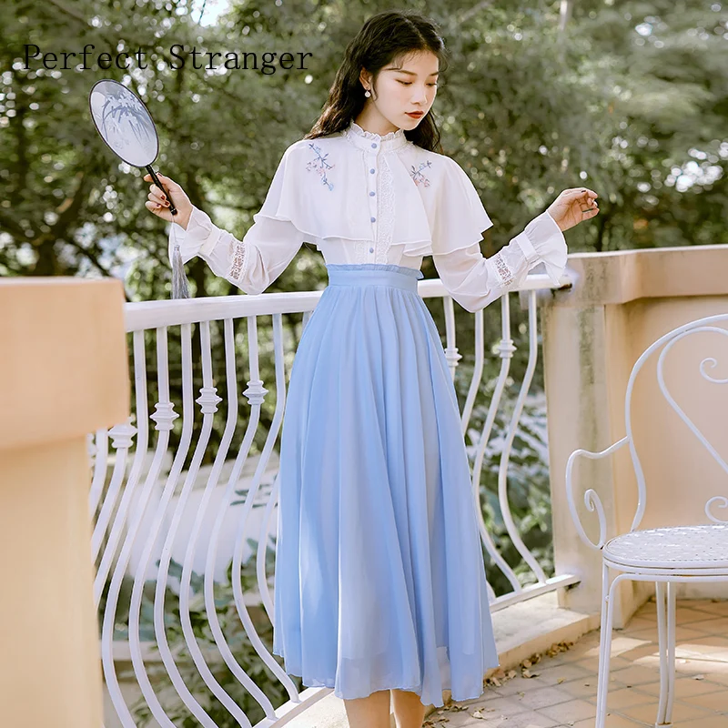 Фото Женское шифоновое платье с воротником-стойкой длинное цветочной вышивкой | Женские платья (4000700845907)