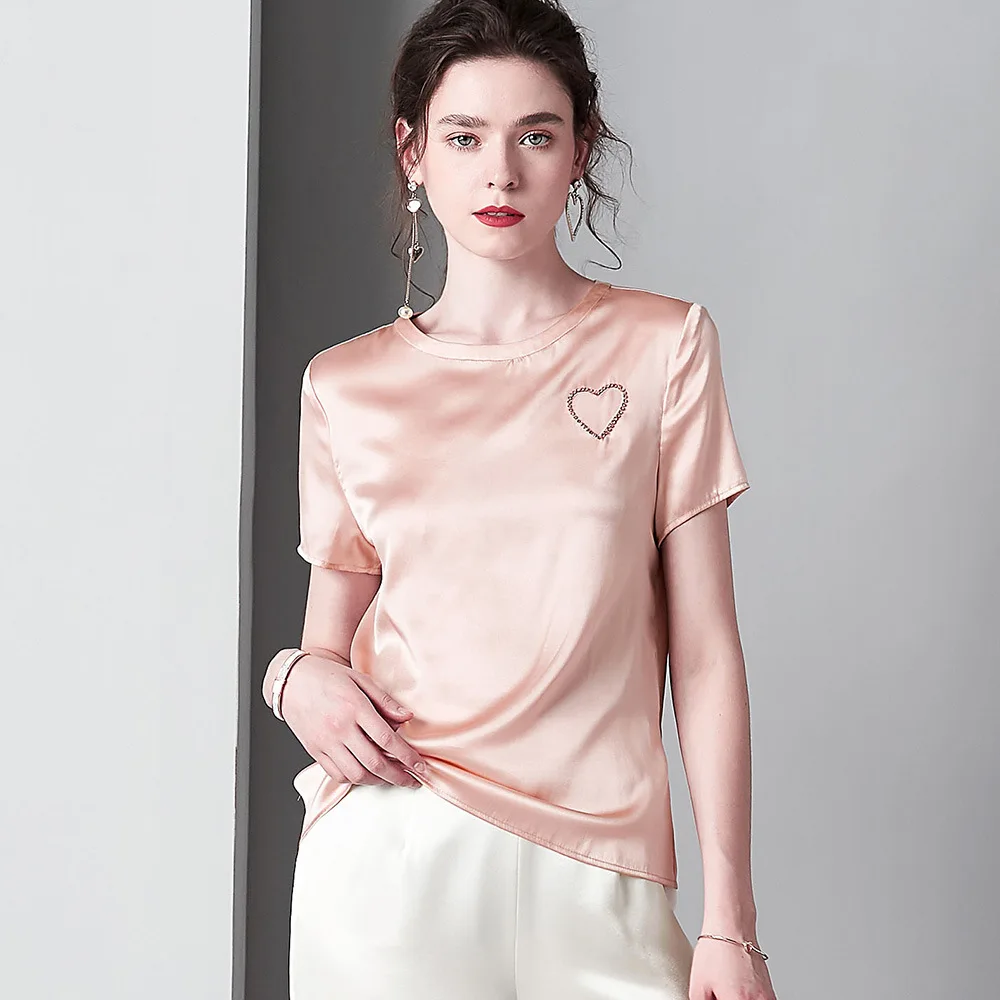 16mm Silk T Shirts Pink Rhinestone White Ladies Tops Casual Black Shirt Summer Short Sleeve Pullover Basic Stain Womens Clothing
16mm Silk T Shirts Pink Rhinestone White Ladies Tops Casual Black Shirt Summer Short Sleeve Pullover Basic Stain Womens Clothing