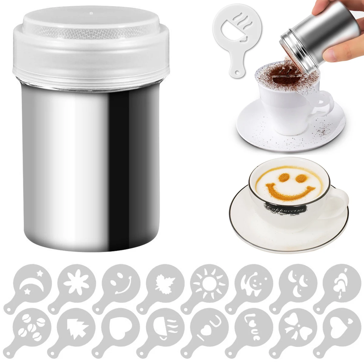Stainless Steel Chocolate Shaker Cocoa Flour Coffee Sifter 8/16Pcs Cappuccino Template Strew Pad Duster Spray Tools D30 | Дом и сад