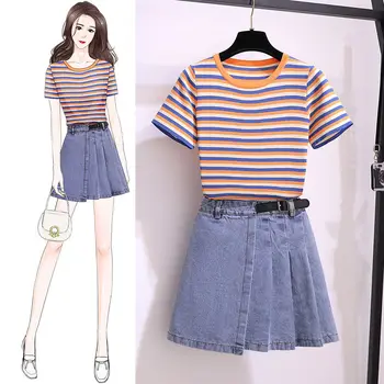 2020 Summer Women Knitting Stripe TShirt Top + Denim Slim Mini Skirt Suit Elegant Pleated Set 2 Piece Set Plus Size 6XL WF238
2020 Summer Women Knitting Stripe TShirt Top + Denim Slim Mini Skirt Suit Elegant Pleated Set 2 Piece Set Plus Size 6XL WF238