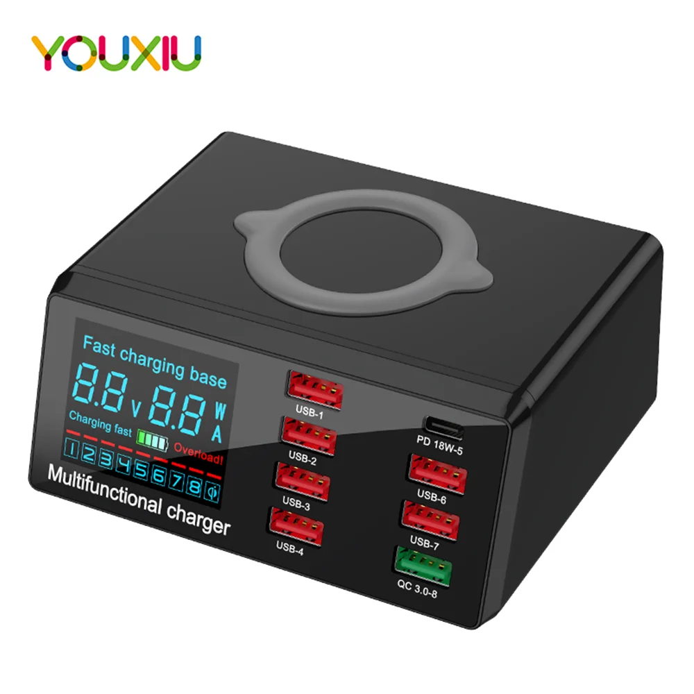 100W 8 Port Multi USB Fast Wireless Charger for IPhone X 11 Pro 10W Quick Charge LCD 3.0 PD Charger Station for Samsung Xiaomi
100W 8 Port Multi USB Fast Wireless Charger for IPhone X 11 Pro 10W Quick Charge LCD 3.0 PD Charger Station for Samsung Xiaomi