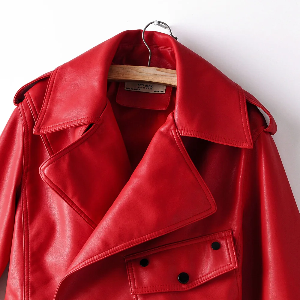 Black Red Women Faux Leather Jacket Pu Motorcycle Biker Coat Turn Down Collar Soft Faux Ladies Punk Outerwear Loose Streetwear